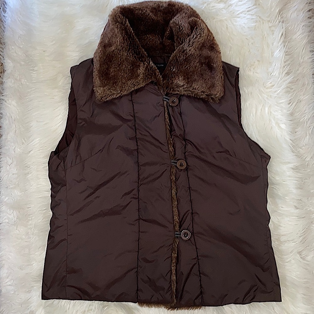 Todd Smith Brown Button Down Faux Fur Collar Vest
